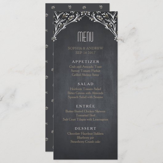 Élégant menu mariage rustique en damier à fleurs (Devant / Derrière)