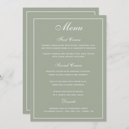 Élégant menu Mariage Sage White Script (Devant / Derrière)