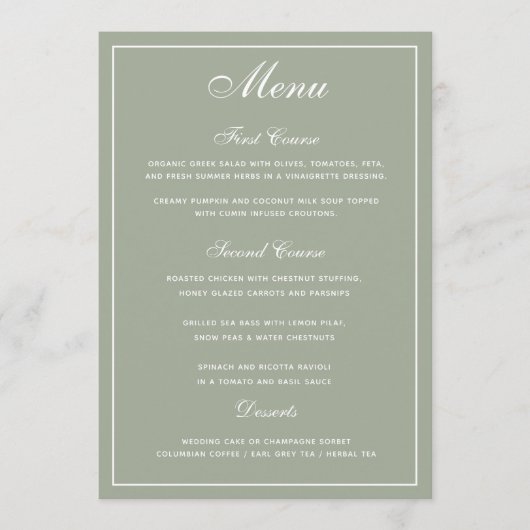 Élégant menu Mariage Sage White Script (Devant)