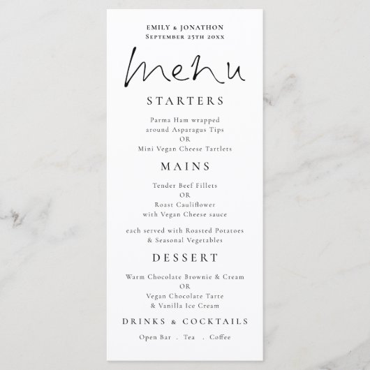 Élégant Menu Mariage Script Blanc (Devant)