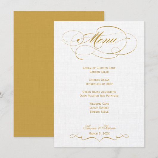 Elégant Menu Mariage Script - Or (Devant / Derrière)