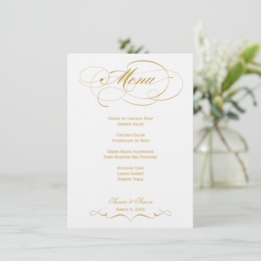 Elégant Menu Mariage Script - Or (Debout devant)