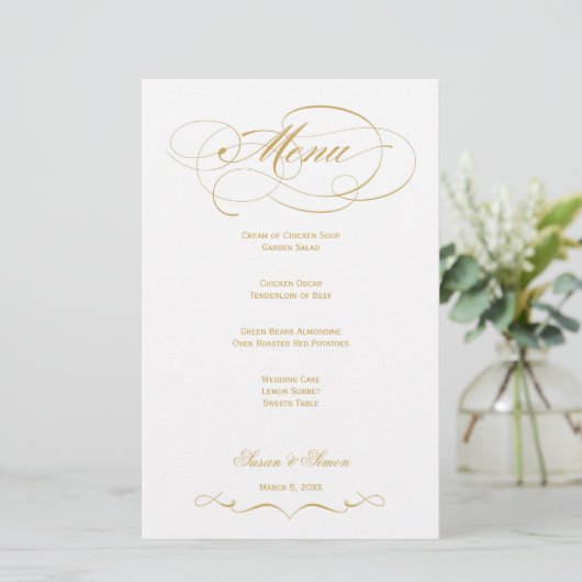Elégant Menu Mariage Script - Or (Debout devant)