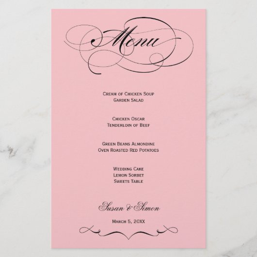 Élégant Menu Mariage Script - Rose Clair (Devant)