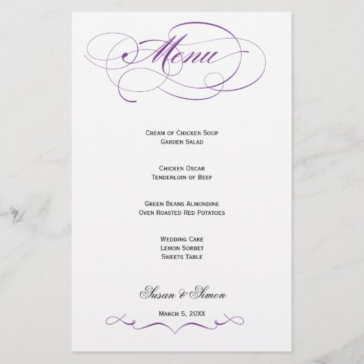Élégant Menu Mariage Script - Violet (Devant)