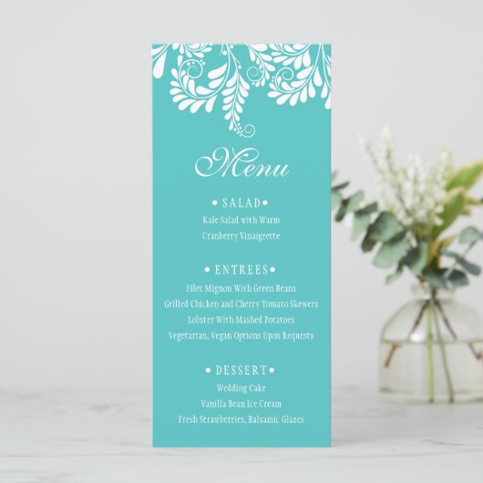 Élégant menu Mariage Turquoise Flourish (Debout devant)