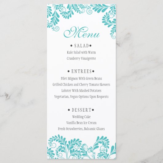 Élégant menu Mariage Turquoise Flourish (Devant)