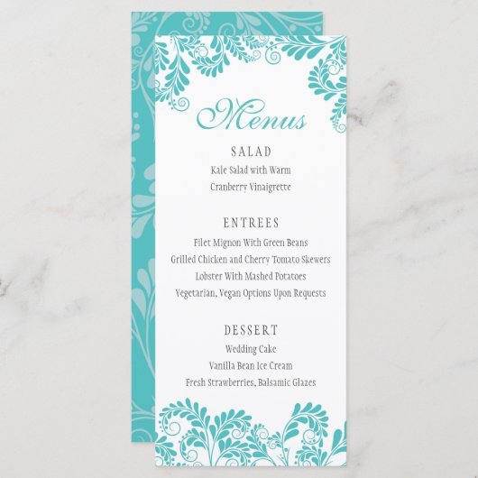 Élégant menu Mariage Turquoise Flourish (Devant / Derrière)