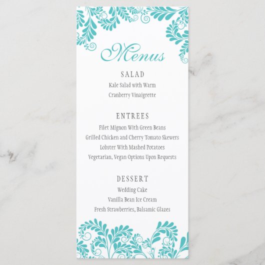Élégant menu Mariage Turquoise Flourish (Devant)