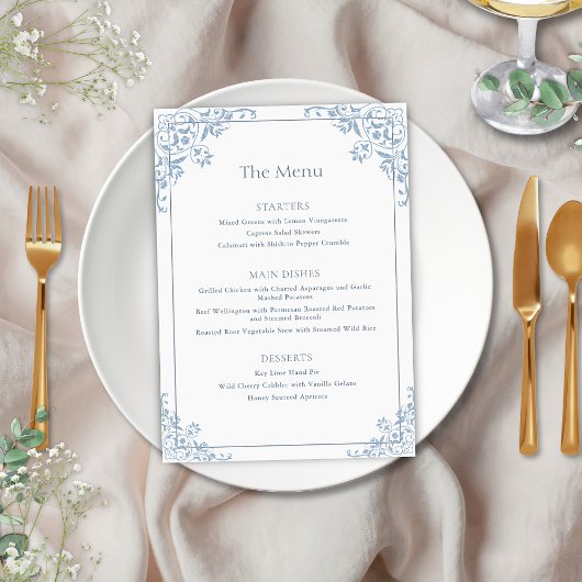 Elégant menu Mariage Vintage cadre bleu et blanc