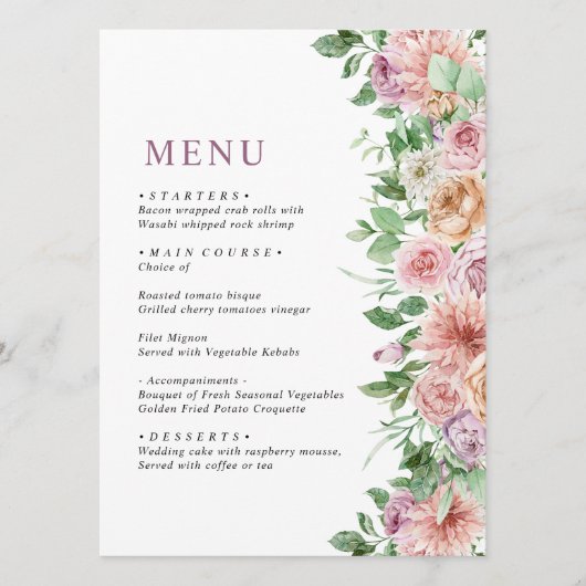 Élégant menu Mariage violet et rose (Devant)