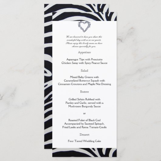 Élégant menu Mariage Zebra Stripe (Devant / Derrière)