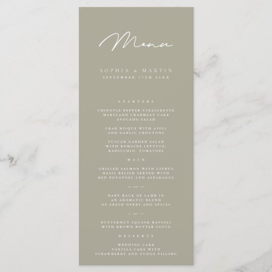 Élégant menu minimaliste Mariage gris olive (Devant)