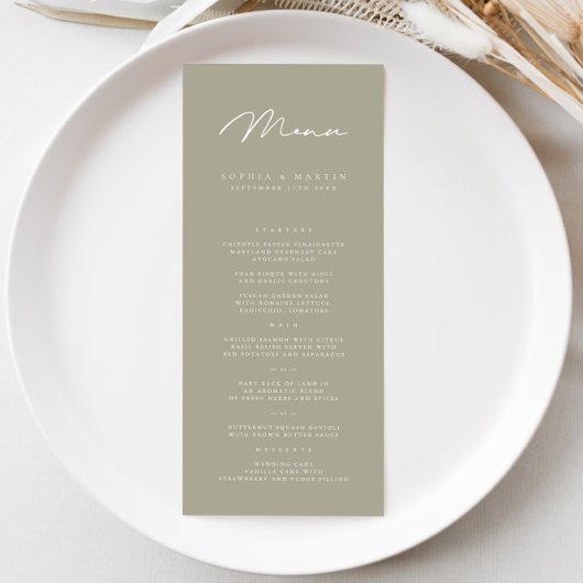 Élégant menu minimaliste Mariage gris olive