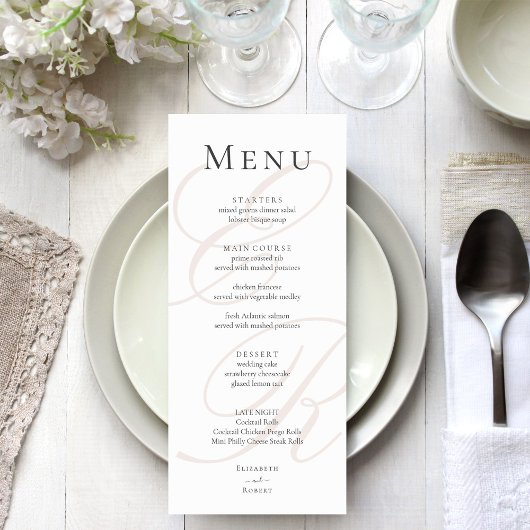 Élégant menu minimaliste Mariage Monogramme Beige