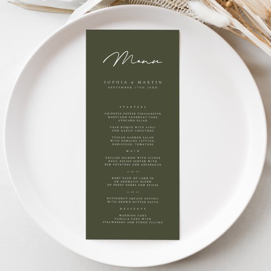 Élégant menu minimaliste Mariage vert foncé
