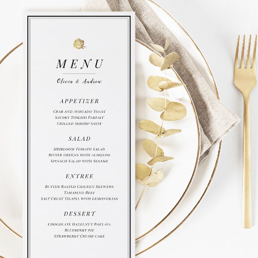 Elégant menu minimaliste noir et blanc mariage