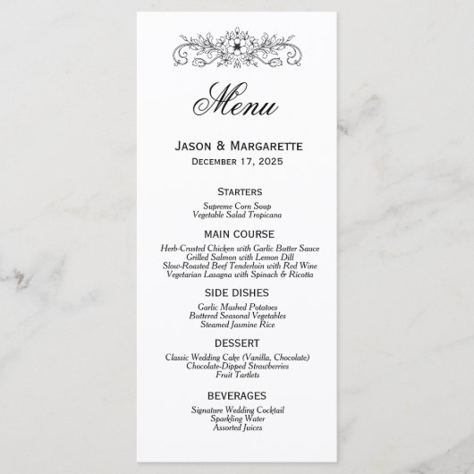 Elégant menu moderne Mariage noir et blanc (Devant)