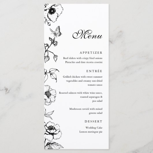 Elégant menu plat Mariage noir & blanc (Devant)
