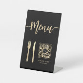 Elegant Menu Script Gold Knife & Fork QR-code Reclamebord Met Voetstuk (Voorkant)