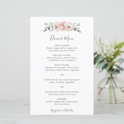 Élégant menu simple Dusty Rose Floral Mariage menu (Debout devant)