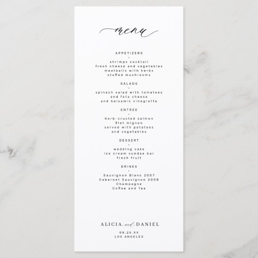 Élégant menu simple mariage noir et blanc (Devant)