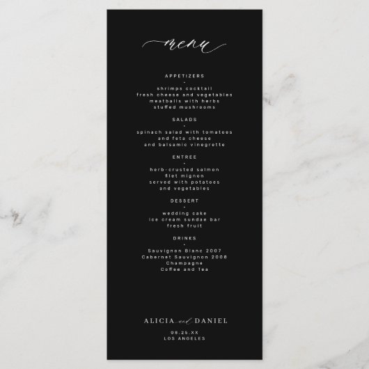 Élégant menu simple mariage noir et blanc (Devant)