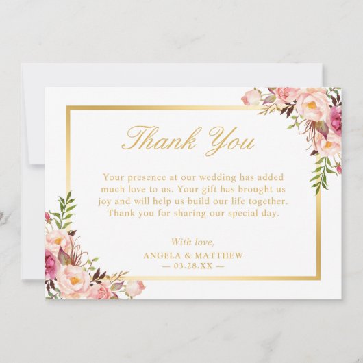 Élégant Merci à cadre d'or rose floral rose (Devant)