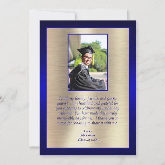 Élégant Merci de graduation 2024 Script Blue Gold (Dos)