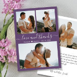 Elégant Merci Script Mauve Photo Collage Mariage<br><div class="desc">Elégant, minimaliste Mariage à la main 3 Photo Collage Carte de remerciements en couleur mauve violet. Élégant modèle mariage avec trois photos sur le devant et une photo sur le dos. Avec le texte "Amour et merci" dans une tourbillonnant police de calligraphie ou de script de typographie en couleur blanche...</div>