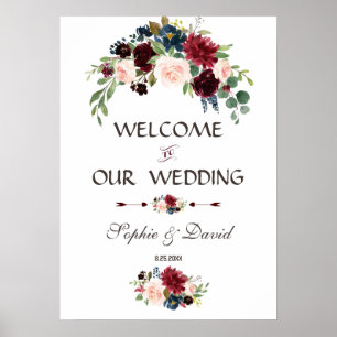 Elegant Merlot Huwelijksbord in Navy Blauwe Bloeme Poster