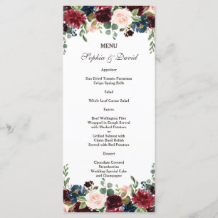 Elégant Merlot Navy Blue Floral Mariage Menu