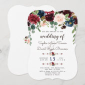 Elégant Merlot Navy Blue Floral Wedding Invitation (Devant / Derrière)