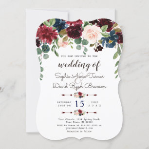 Elegant Merlot Navy Blue Floral Wedding Invite Kaart