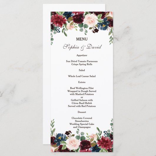 Elegant Merlot Navy Blue Floral Wedding Menu (Voorkant / Achterkant)