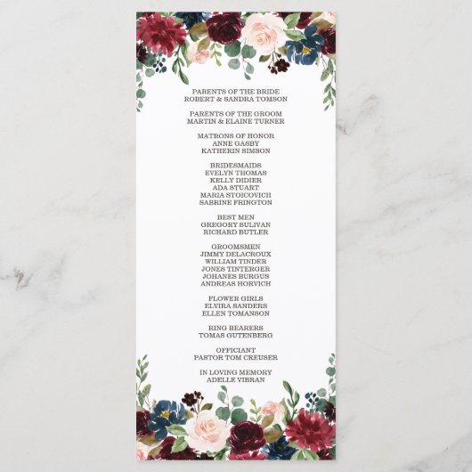Elegant Merlot Navy Blue Floral Wedding Programme Programma (Achterkant)