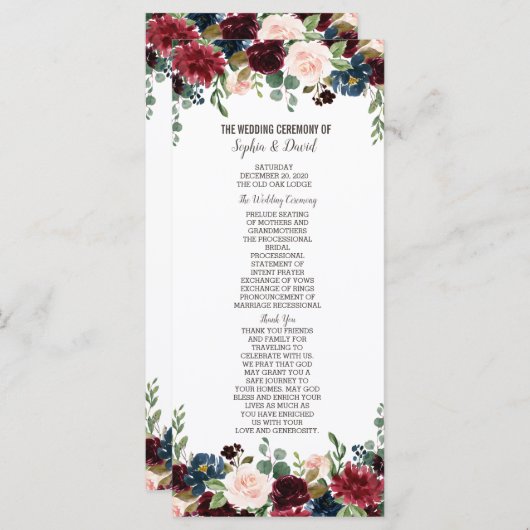 Elegant Merlot Navy Blue Floral Wedding Programme Programma (Voorkant / Achterkant)