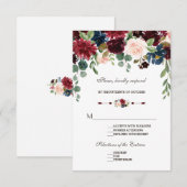 Elégant Merlot Navy Blue Floral Wedding RSVP (Devant / Derrière)