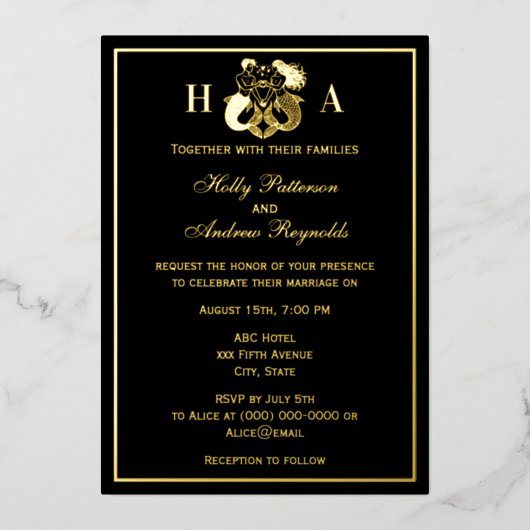 Elegant Mermaid & Merman Wedding Foil Invitation (Recto)