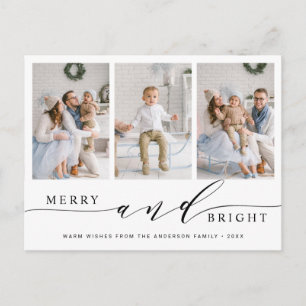 Elegant Merry & Bright 3 Photo Holiday Briefkaart