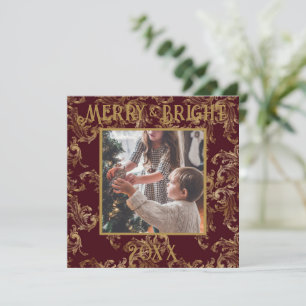 Elegant Merry & Bright Photo Red Gold  Feestdagenkaart