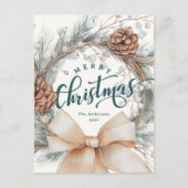 Elegant Merry Christmas Script Botanical Wreath Feestdagenkaart (Voorkant)