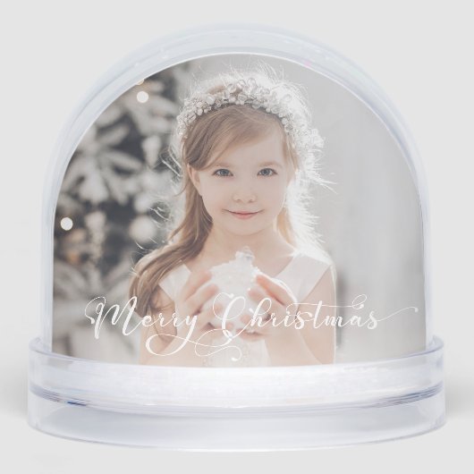 Elegant Merry Christmas Script Photo Snow Globe (Avant)