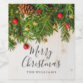 Elegant Merry Christmas Script Rustiek Hout Wijn Etiket (Enkel label)