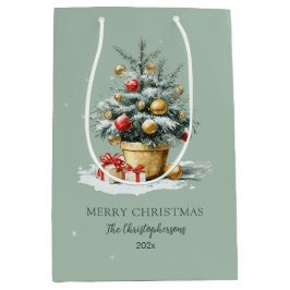 Elegant Merry Christmas Tree Sage Green Gift Bag Medium Cadeauzakje