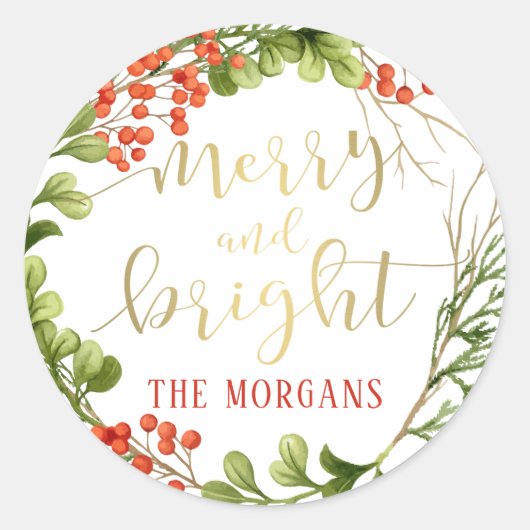 Elegant Merry en Bright Wreath Holiday Ronde Sticker (Voorkant)