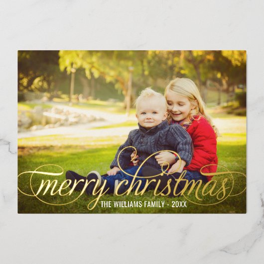 Elegant Merry Gold Script Photo Collage Folie Feestdagenkaart (Voorkant)