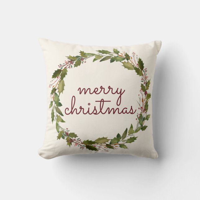 Elegant Merry Kerstmis Holly Berry  Script Kussen (Voorkant)