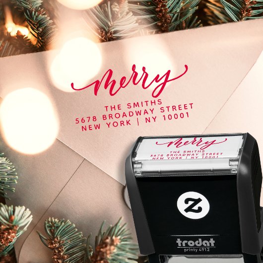 Elegant Merry Script Red Christmas Return Address Zelfinktende Stempel