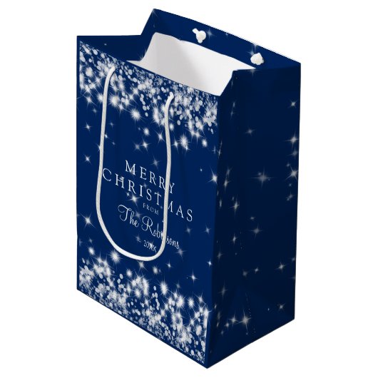 Elegant Merry Winter Sparkle Navy Blue Medium Cadeauzakje (Voorkant Gekanteld)